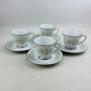 Noritake Savannah‎ Footed Cup & Saucer Set of 4 Platinum Rim Floral Japan